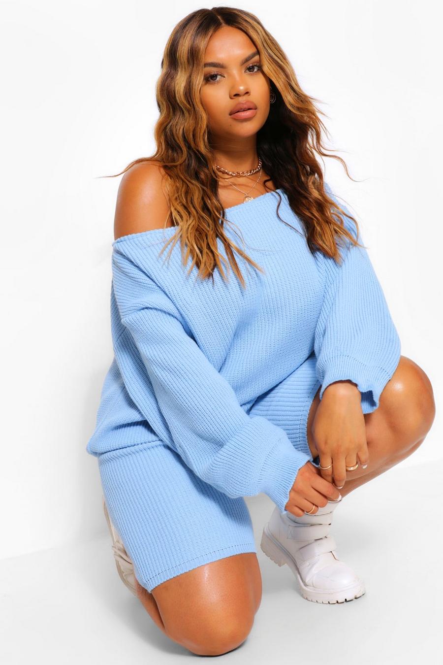 Baby blue Plus Slash Neck Knitted Co-Ord image number 1