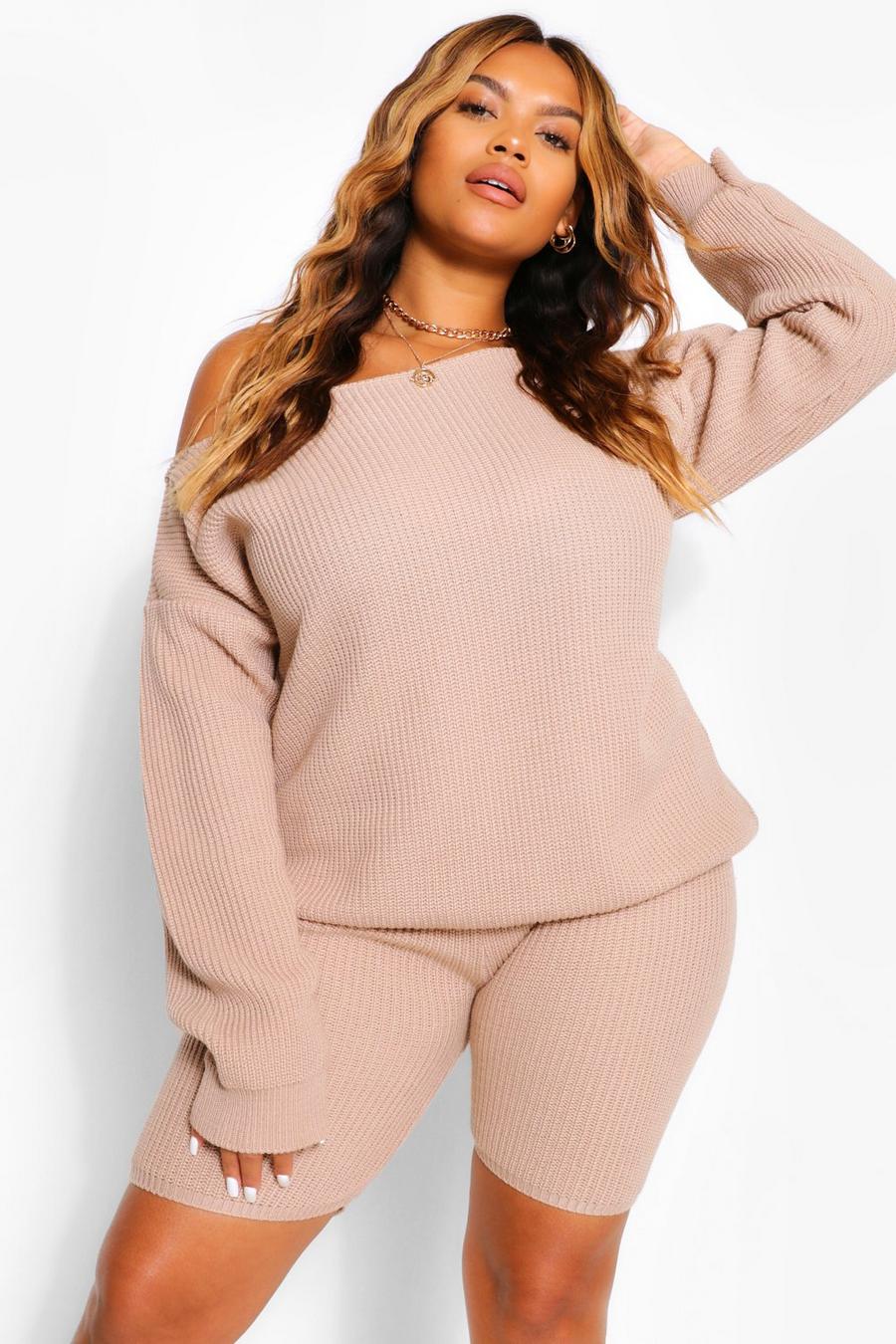 Stone beis Plus Slash Neck Knitted Co-Ord