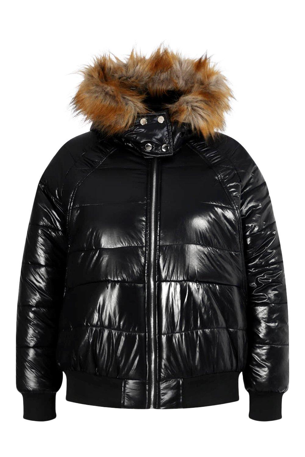 Plus Faux Fur Trim High Shine Puffer Jacket