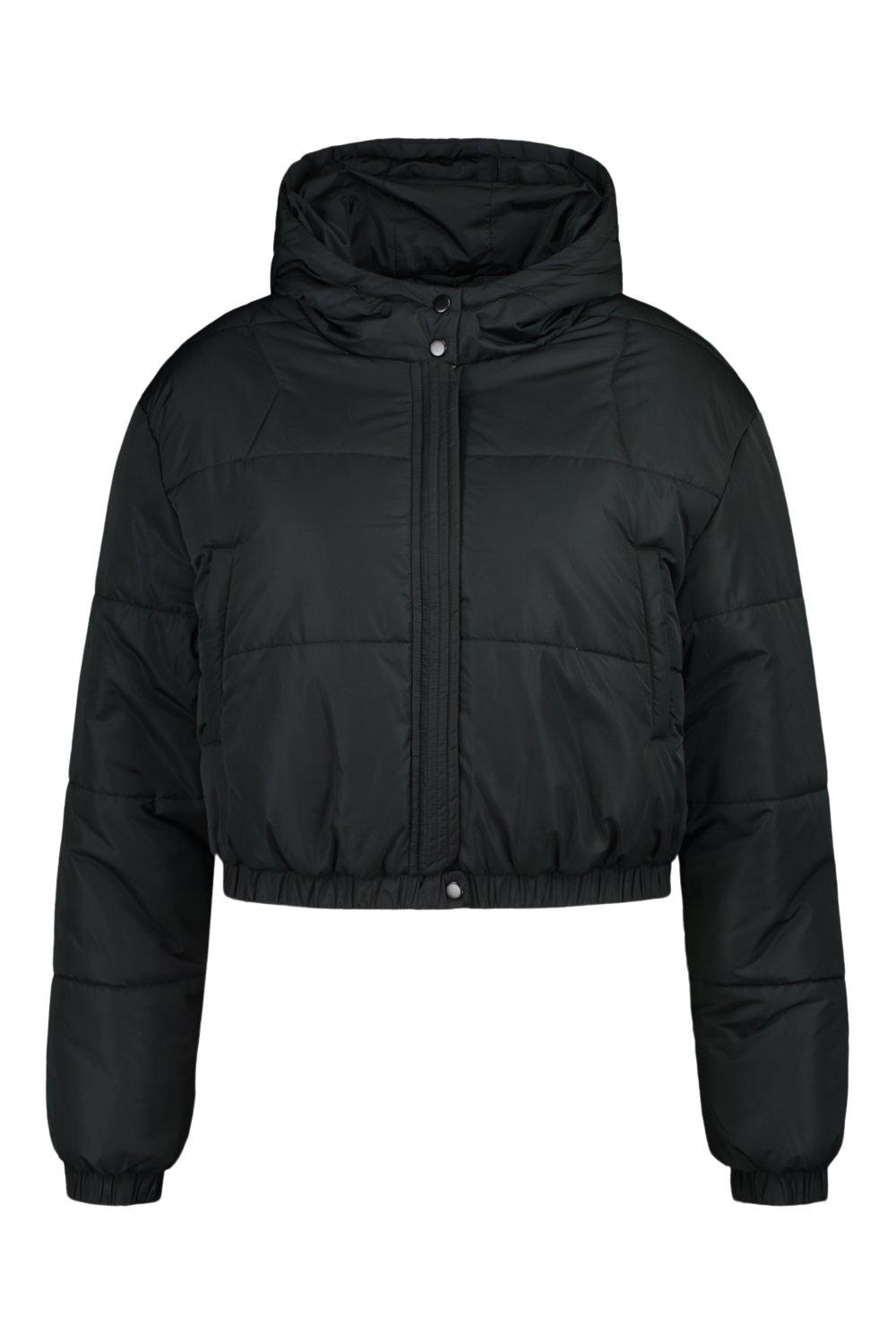 black hooded cropped puffer