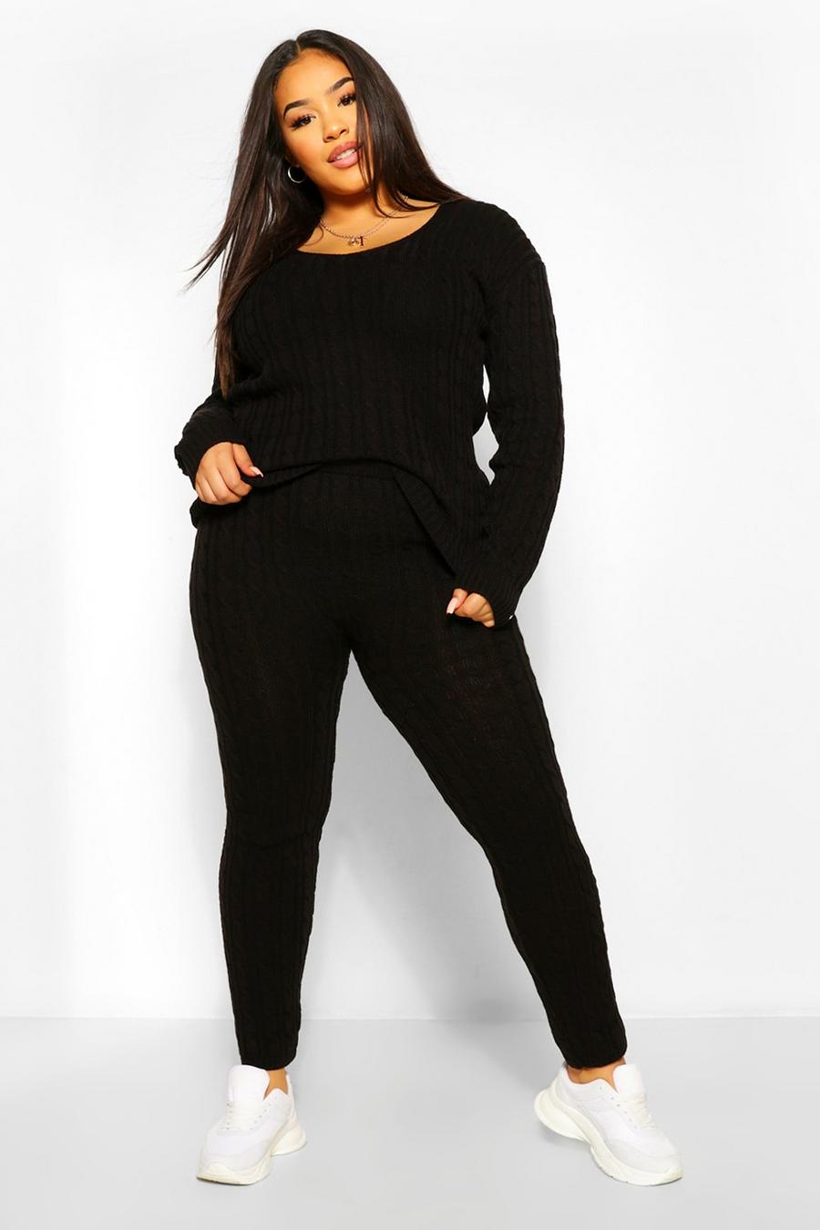 Black Plus Cable Knit V Neck Knitted Co-Ord image number 1
