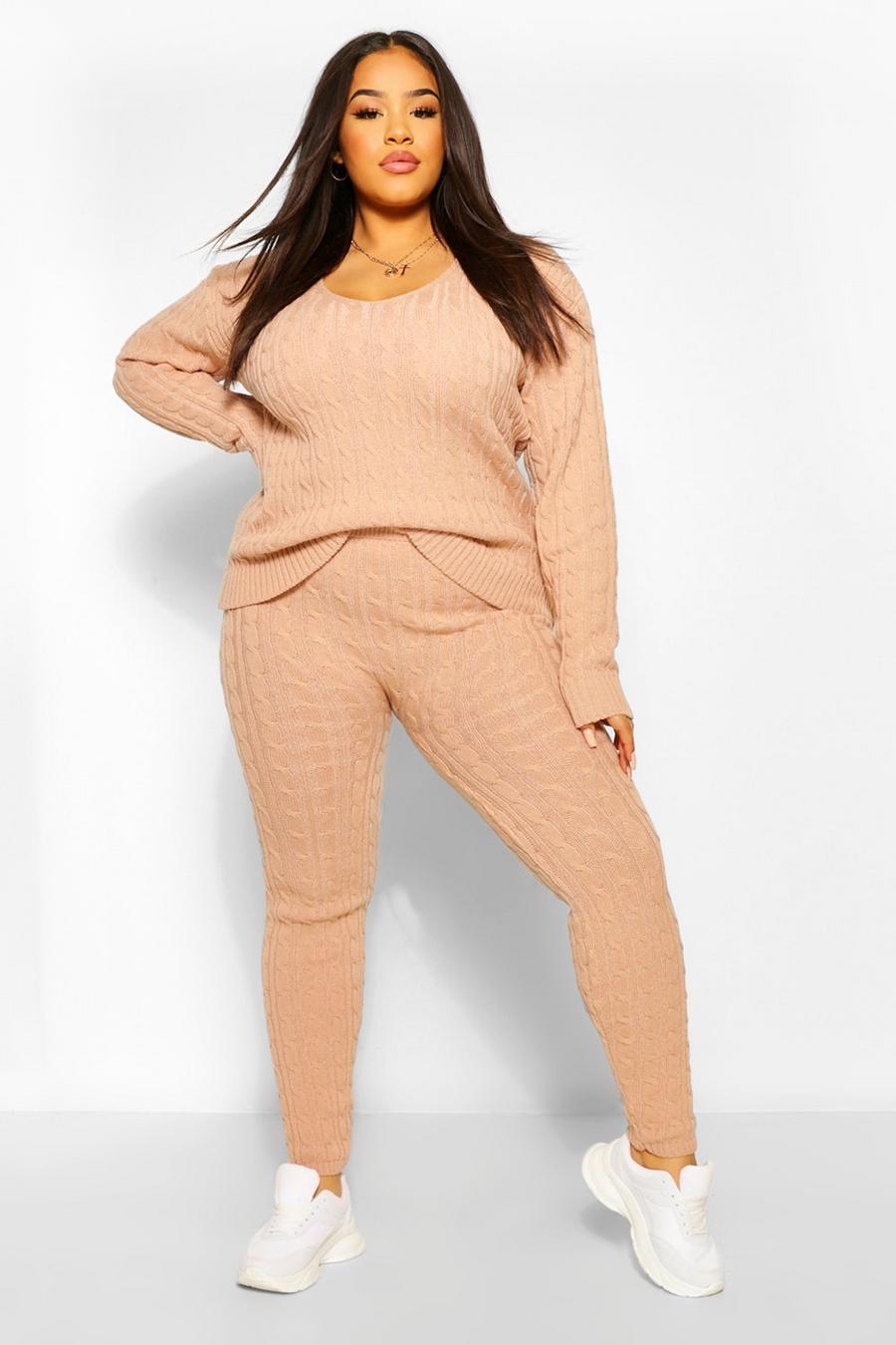 Blush Plus Cable Knit V Neck Knitted Co-Ord image number 1