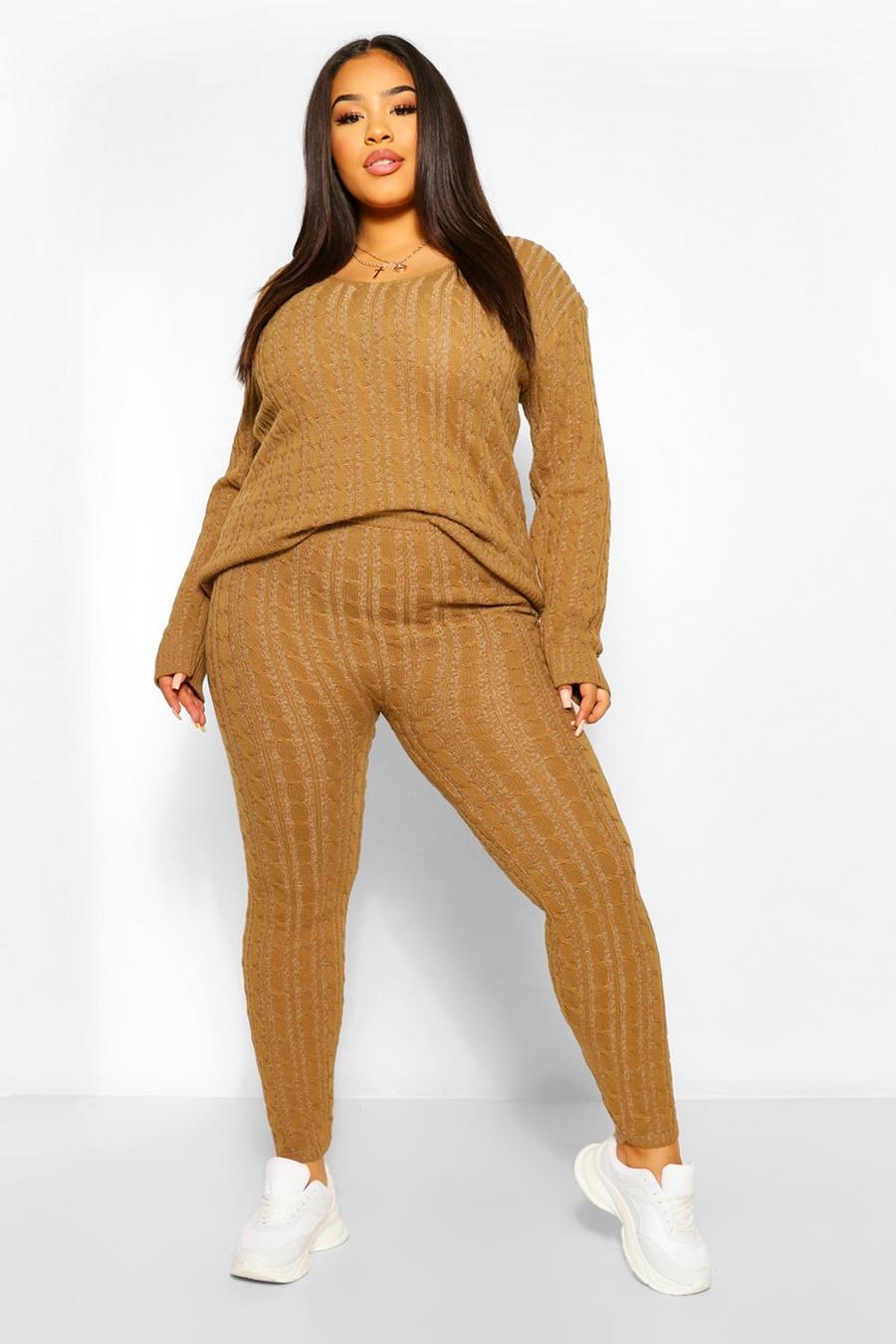 Camel Plus Cable Knit V Neck Knitted Co-Ord image number 1