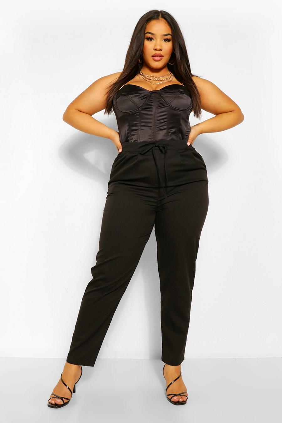 Black Plus Tie Waist Tapered Woven Pants image number 1