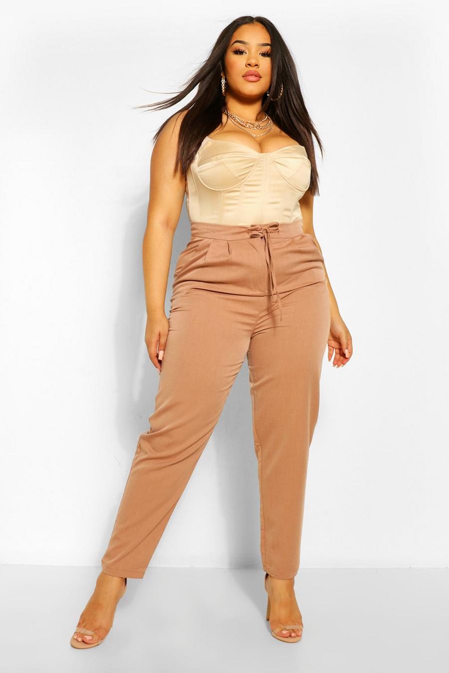 Camel Plus Tie Waist Tapered Woven Pants image number 1