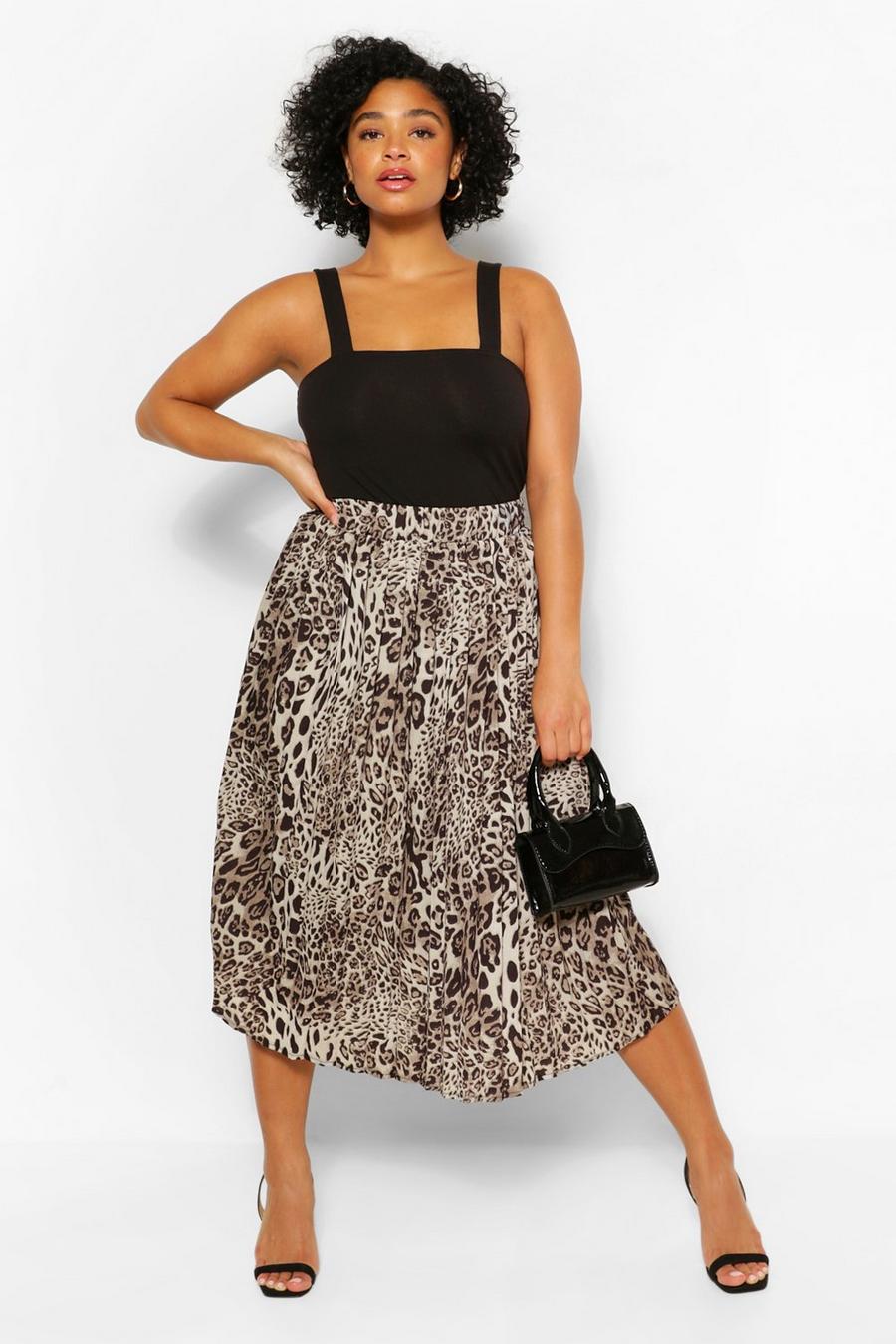 Plus Leopard Print Pleated Midi Skirt image number 1