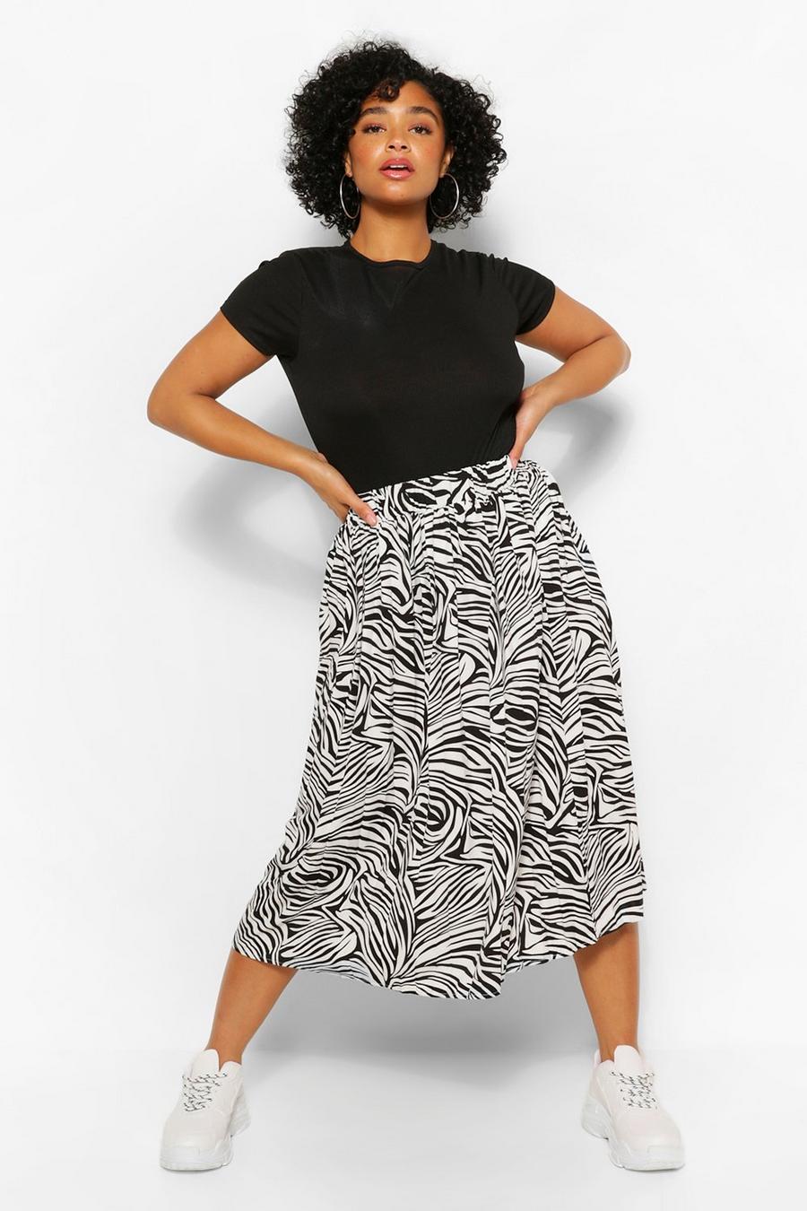 Black Plus Zebra Print Midi Pleated Satin Skirt image number 1
