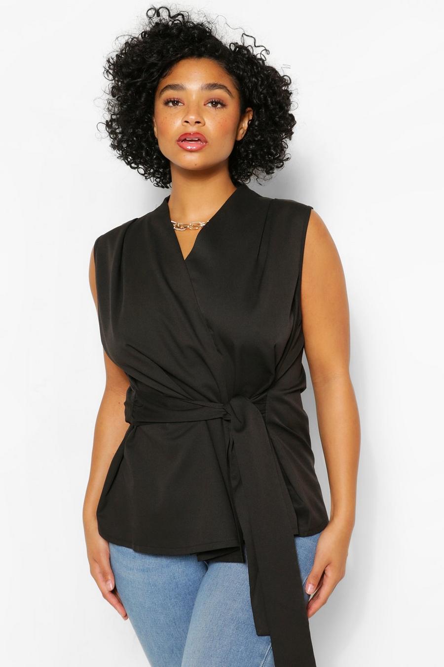 Black Plus Tie Front Sleeveless Wrap Front Blouse image number 1