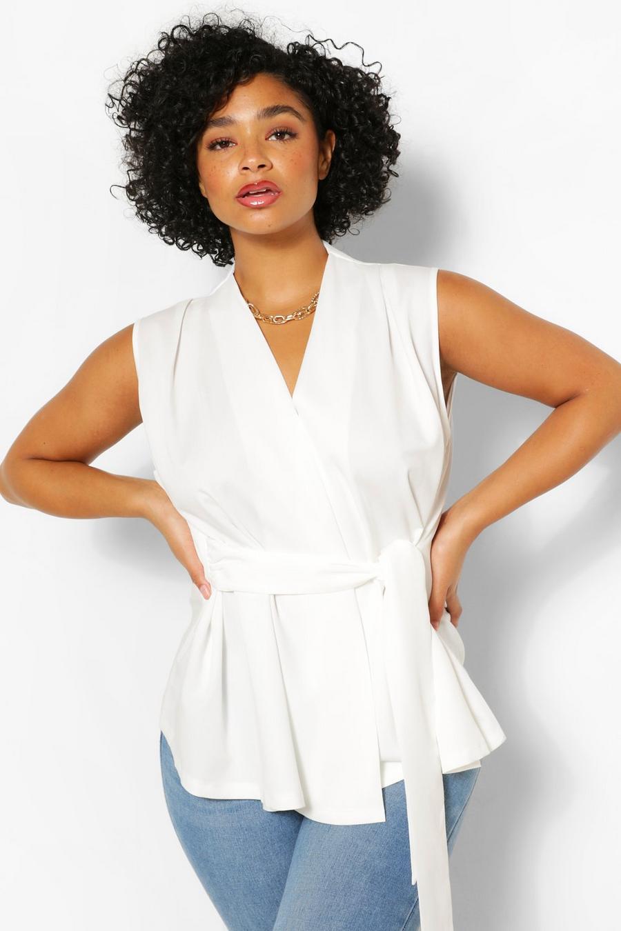 Ivory Plus Tie Front Sleeveless Wrap Front Blouse image number 1