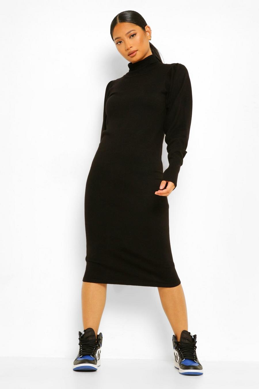 שחור שמלת מידי סרוגה עם צווארון מגולגל פטיט image number 1