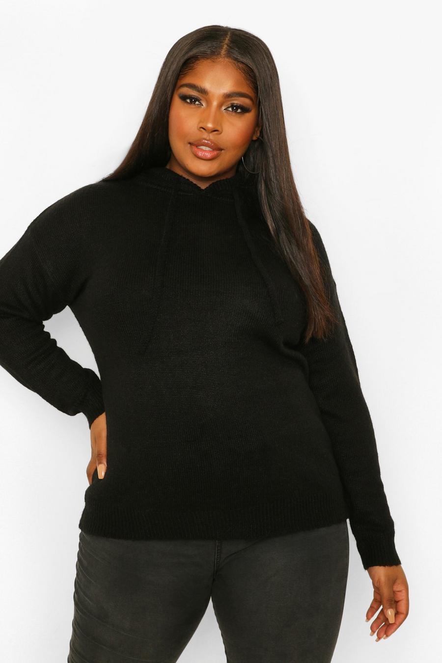 Black Plus Knitted Oversized Boyfriend Hooded Sweater image number 1