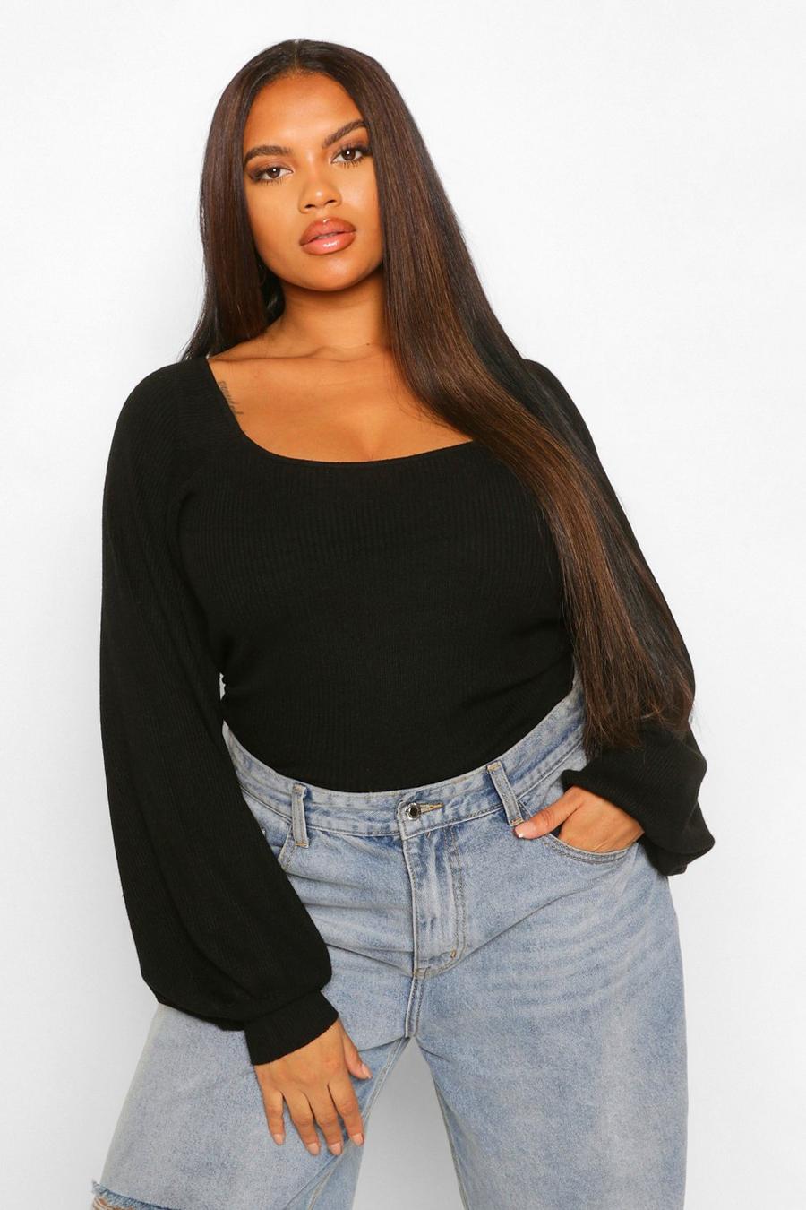Black Plus Puff Sleeve Knitted Sweater image number 1