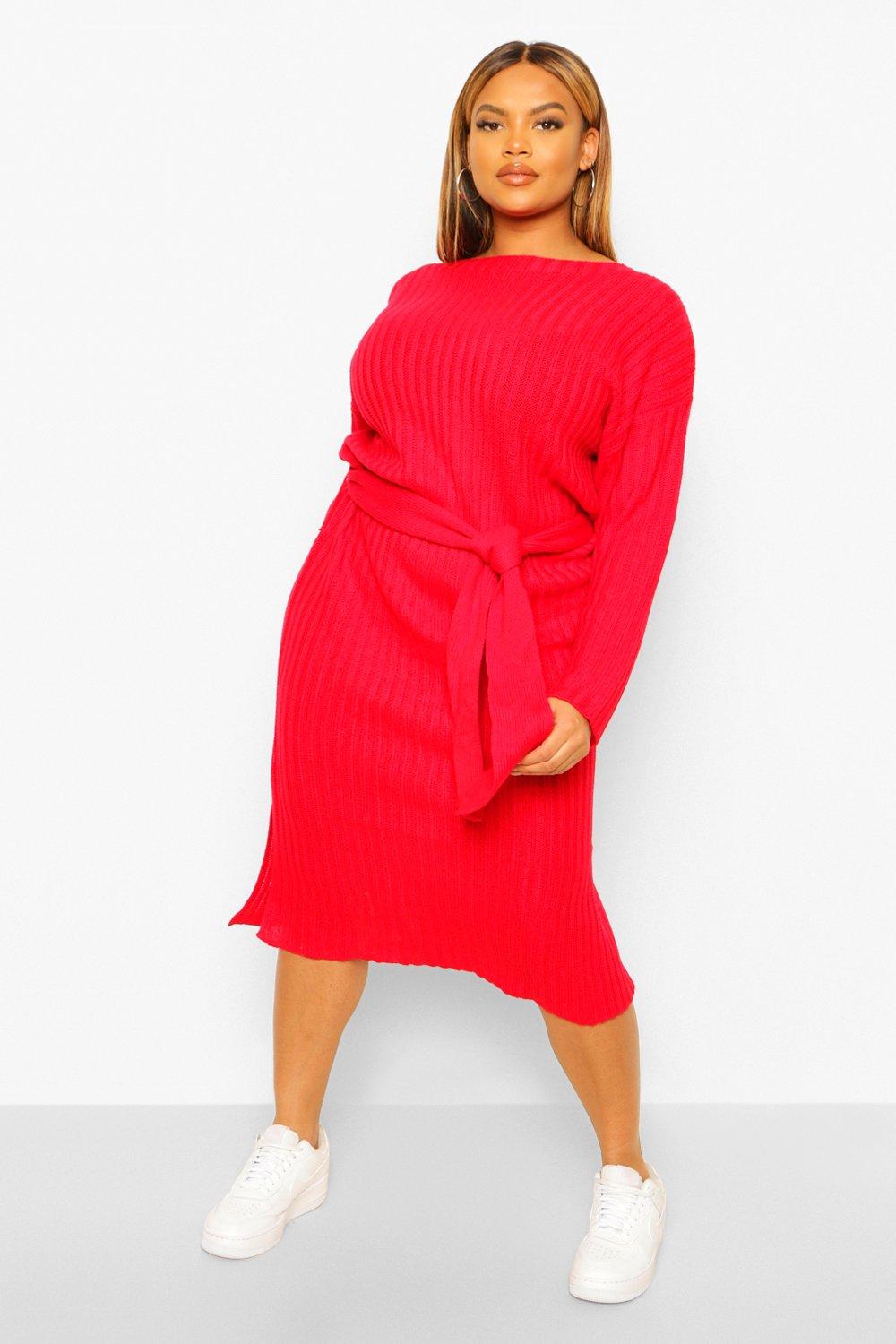 Women's Plus Rib Knit Self Belted Midi Dress | Boohoo UK