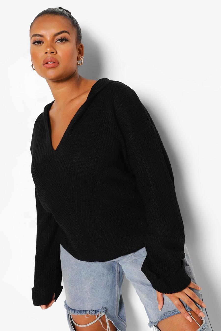 Black Plus Knitted Oversized Hooded Jumper image number 1