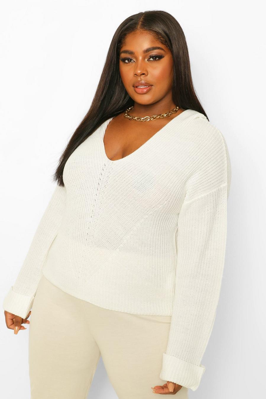 Cream Plus Knitted Oversized Hooded Jumper image number 1