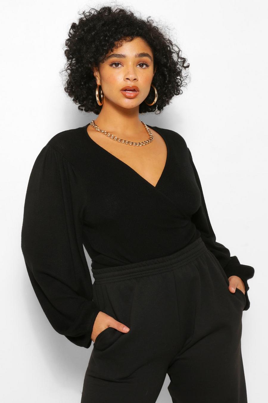 Black Plus Wrap Knitted V Neck Sweater image number 1
