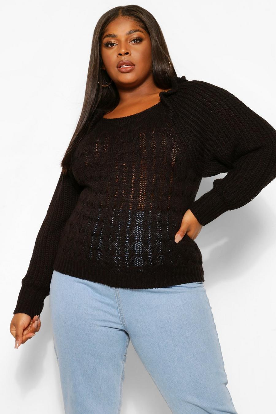 Black Plus Ruffle Detail Cable Sweater image number 1