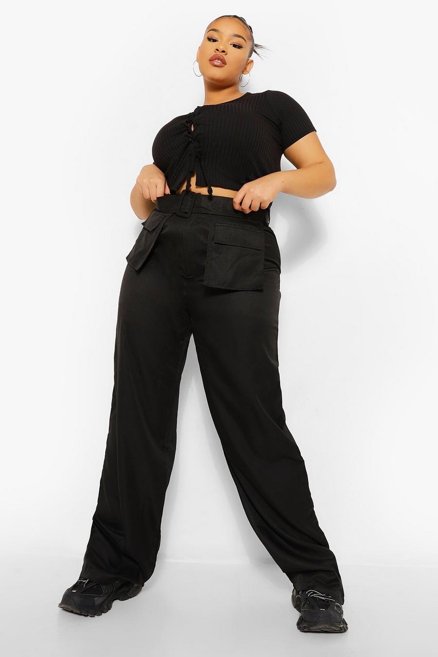 Black Plus Pocket Front Belted Wide Leg Cargo Pants image number 1