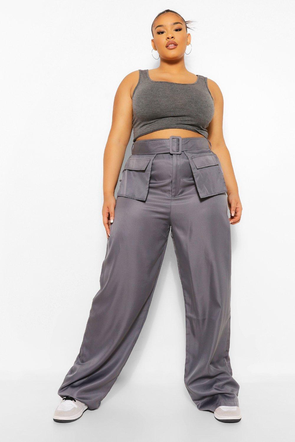 Plus Pocket Front Belted Wide Leg Cargo Pants