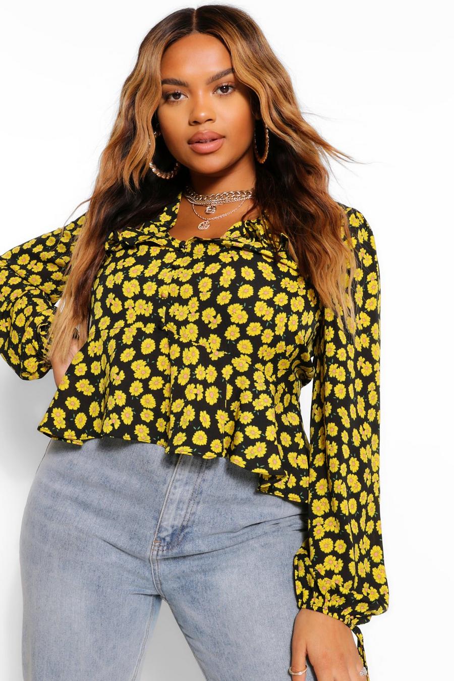 Yellow Plus Floral Ruffle Peplum Blouse image number 1