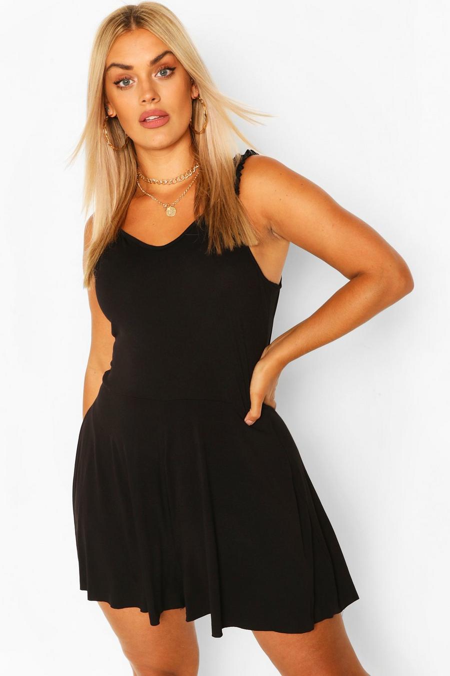 Black Plus Frill Strap Jersey Swing Playsuit image number 1