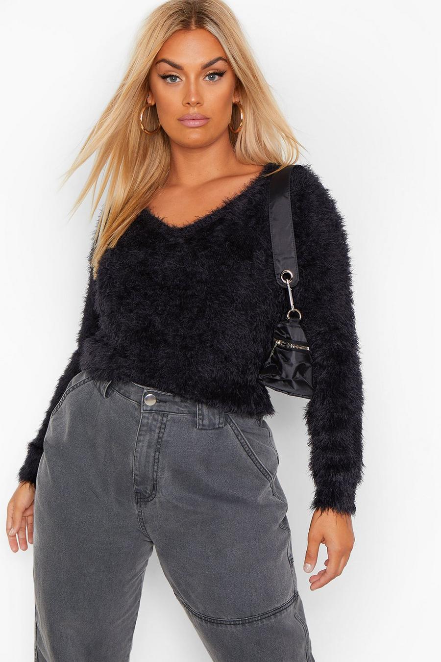 Black Plus Feather Knitted V Neck Sweater image number 1