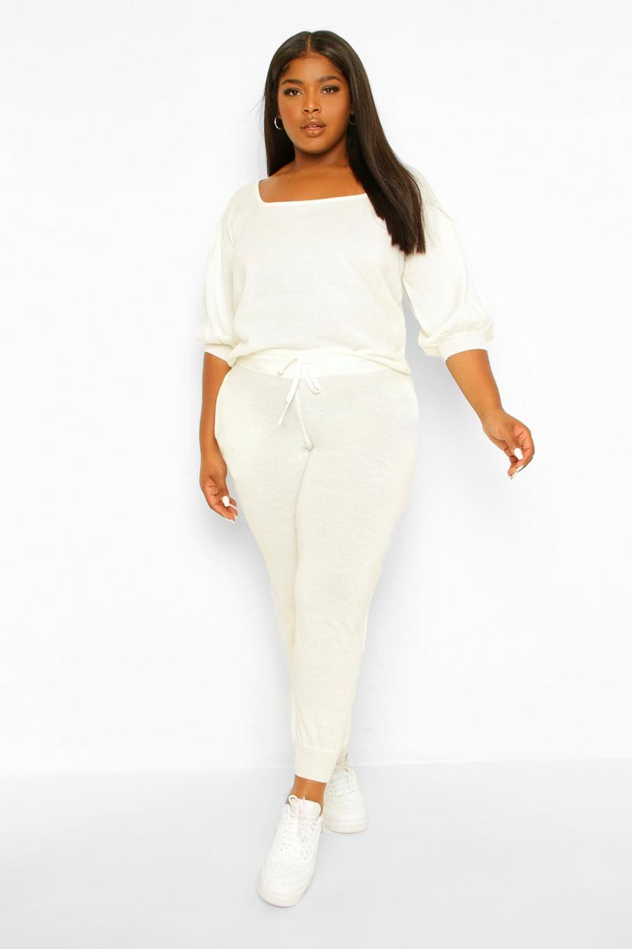 Cream Plus Puff Sleeve Knitted Jumper & Jogger Set image number 1