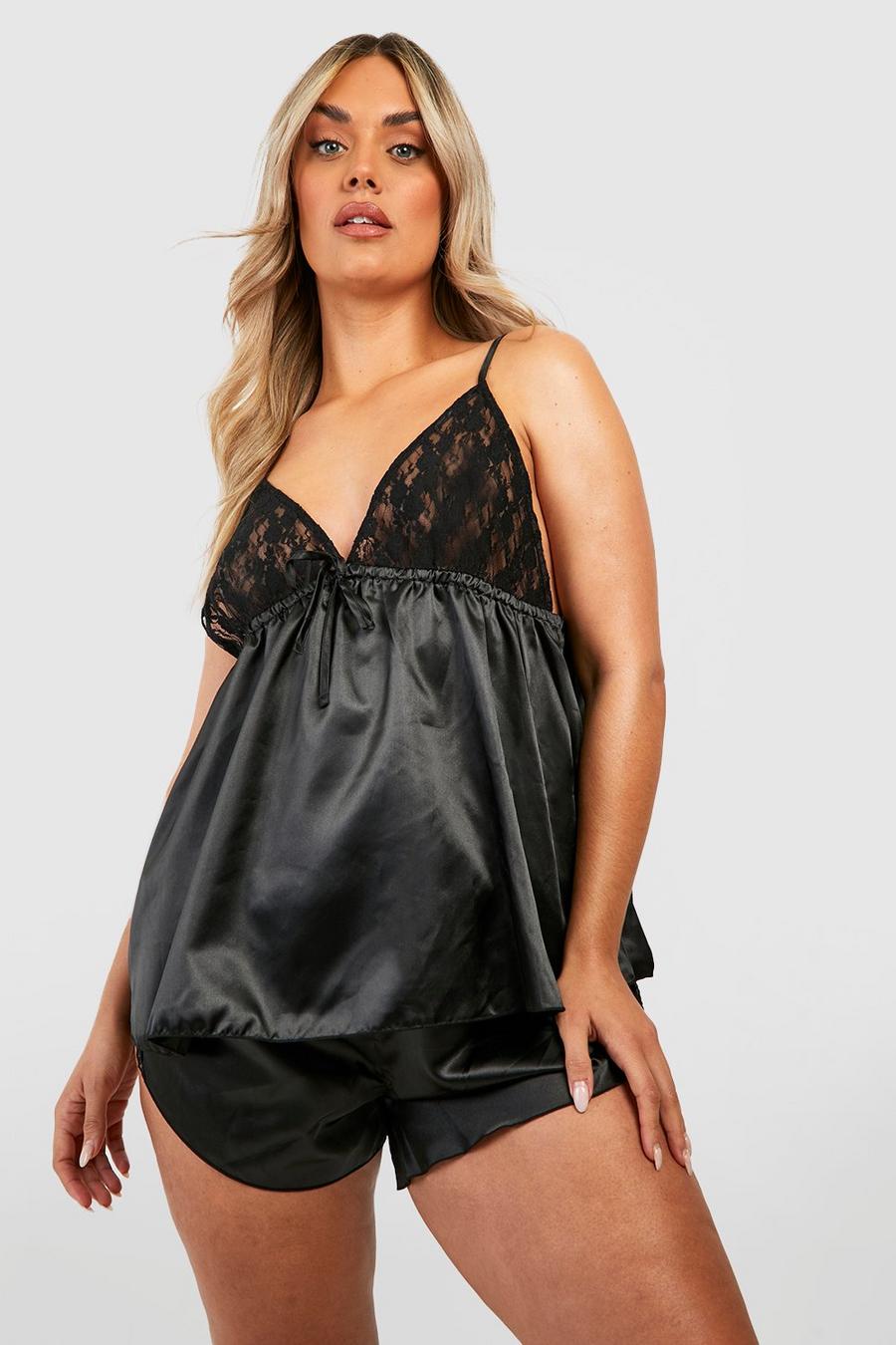 Black Plus Satin And Lace Teddy Top And Shorts Pajama Set image number 1