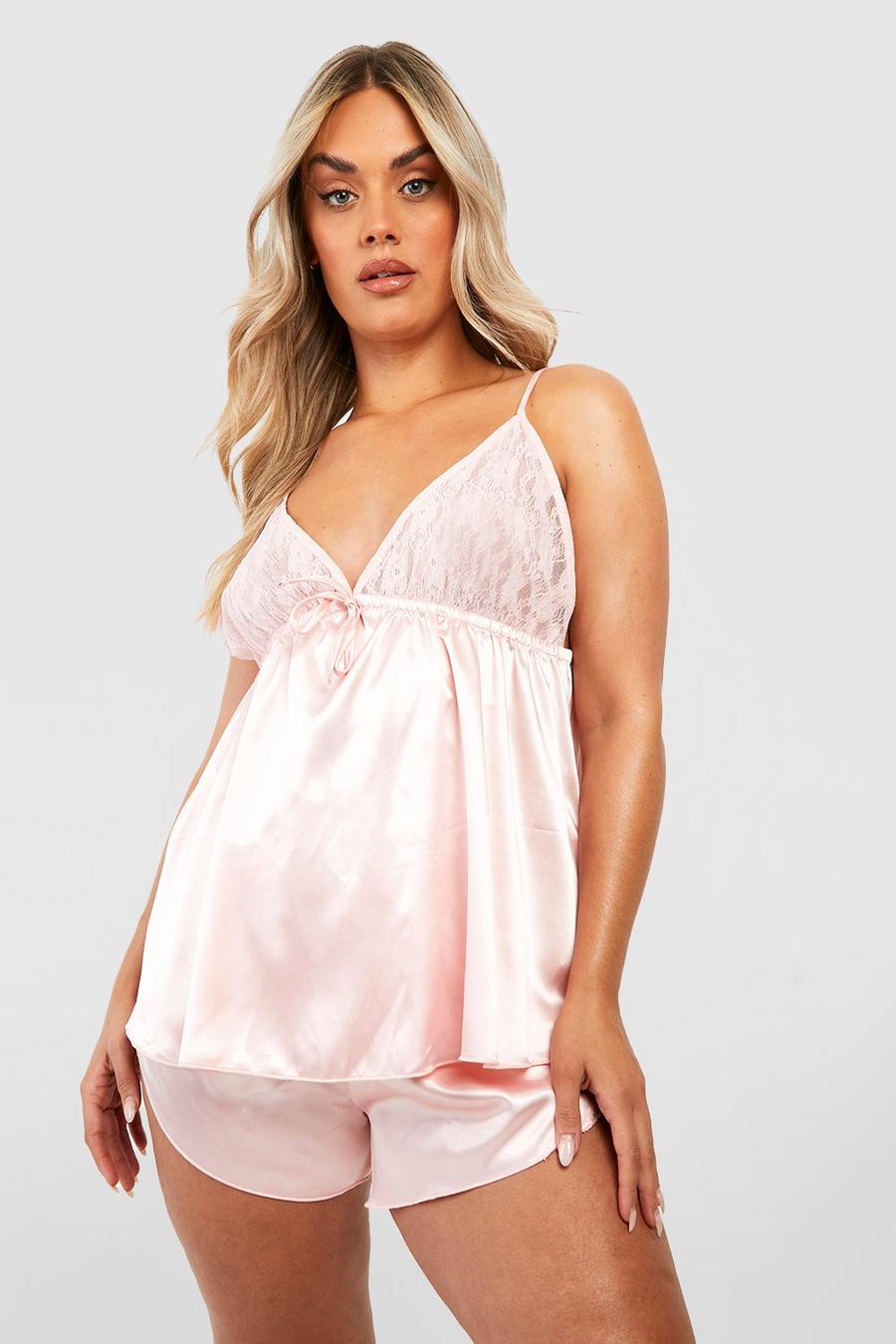 Coral Plus Satin and Lace Teddy Top and Shorts Pyjama Set image number 1