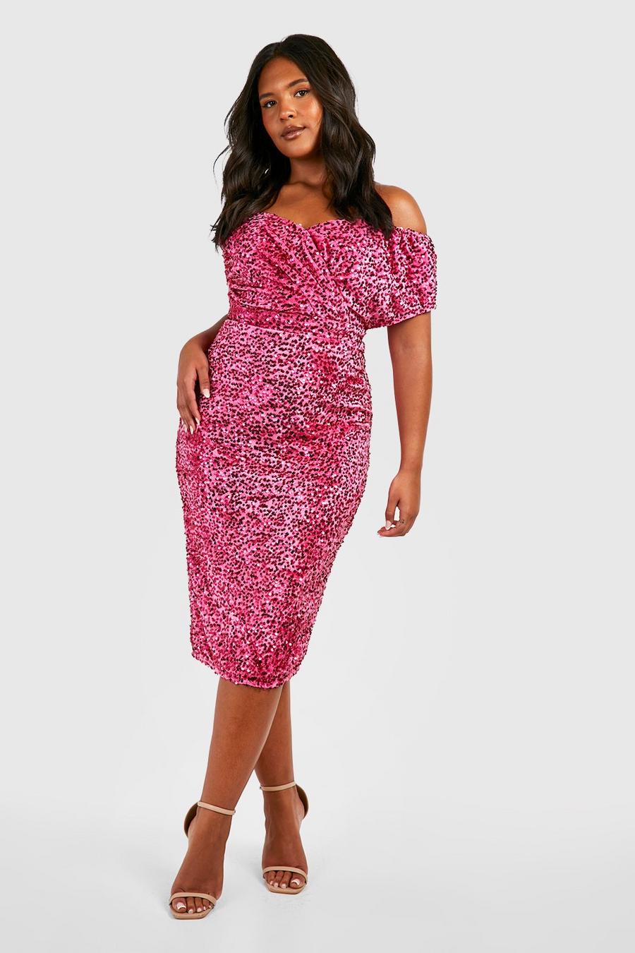 Pink rose Plus Sequin Off The  Shoulder Wrap Midi Dress