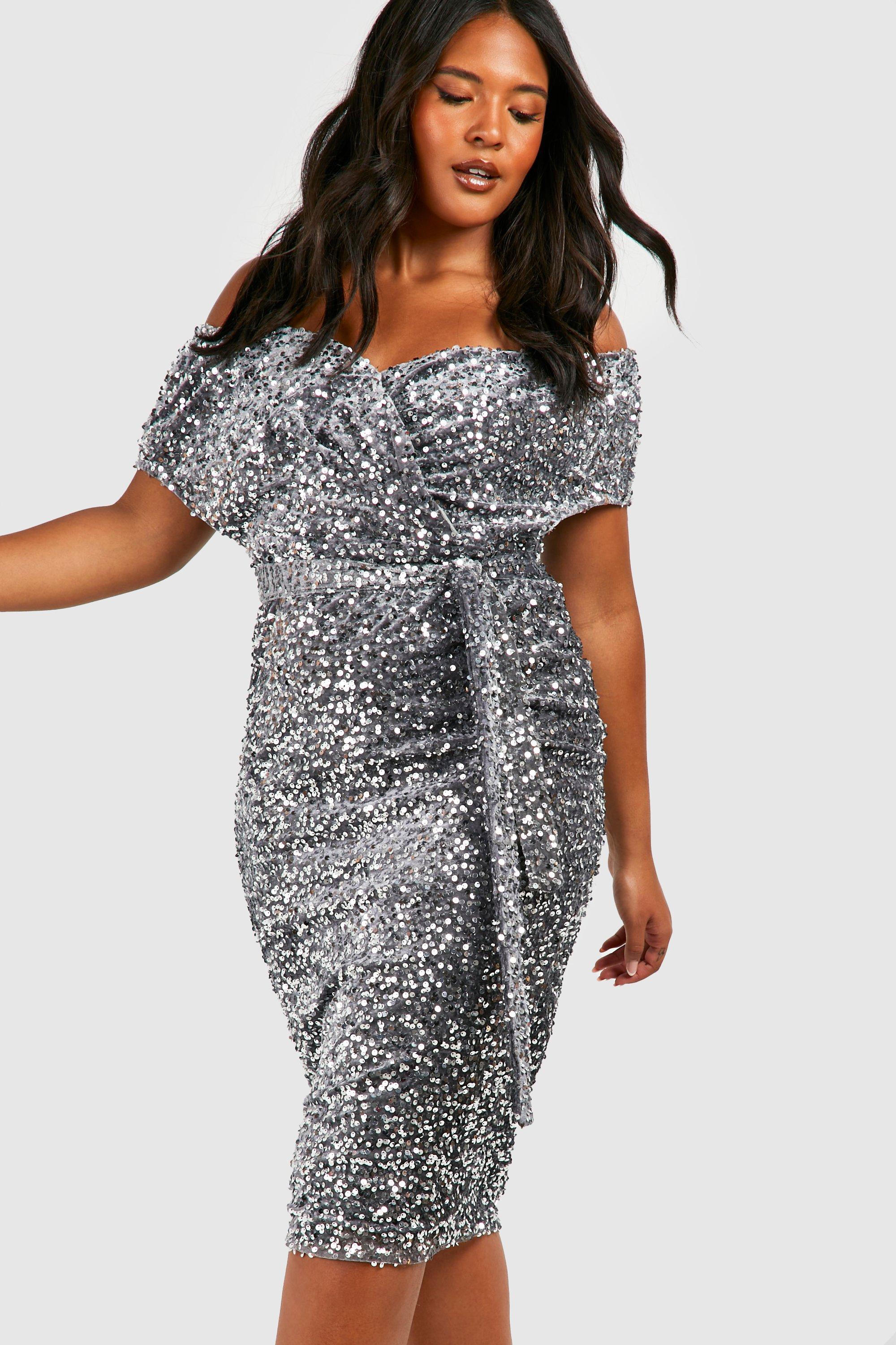 Plus Sequin Off The Shoulder Wrap Midi Dress