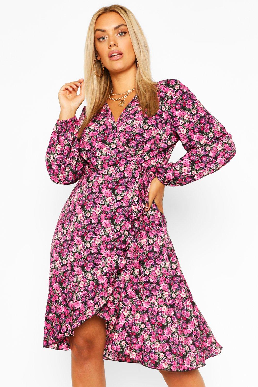 Plus Floral Crepe Ruffle Wrap Midi Skater Dress boohoo IE