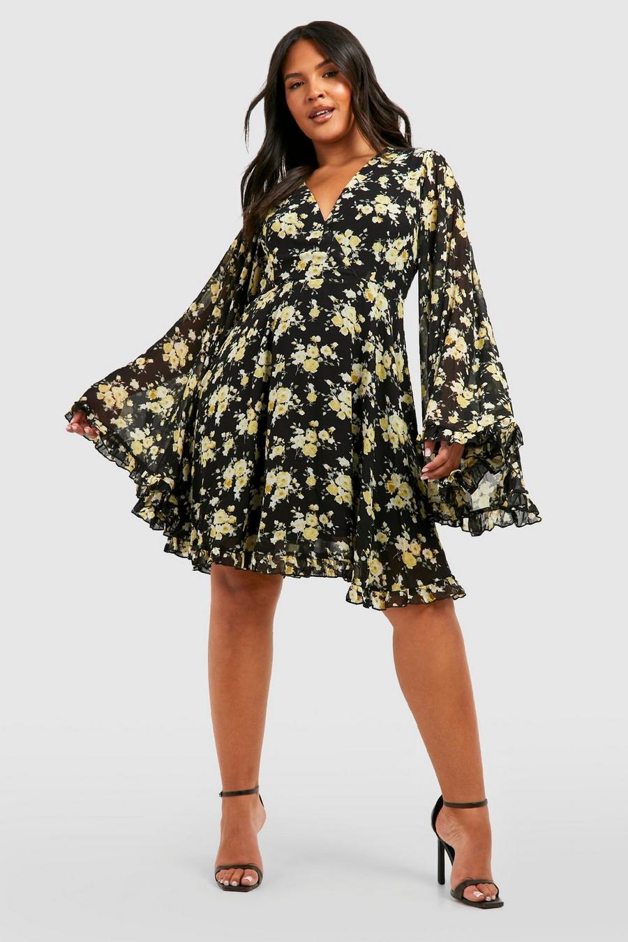 Grande taille - Robe patineuse à manches volumineuses et imprimé fleuri, Noir