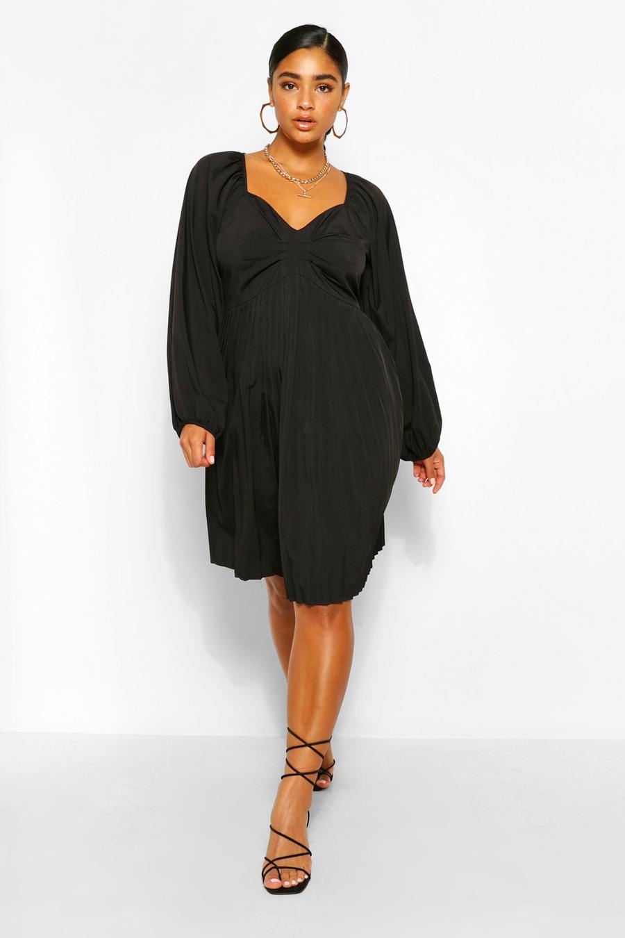 שחור שמלת סקייטר עם קפלים ושרוולים בסגנון בלוזון מידות גדולות image number 1