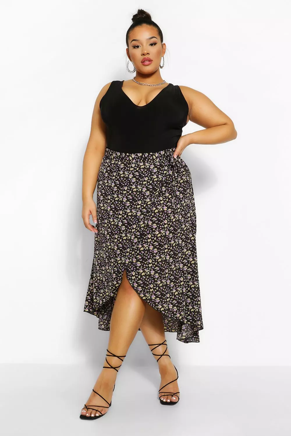 Plus Dark Floral Wrap Midi Skirt