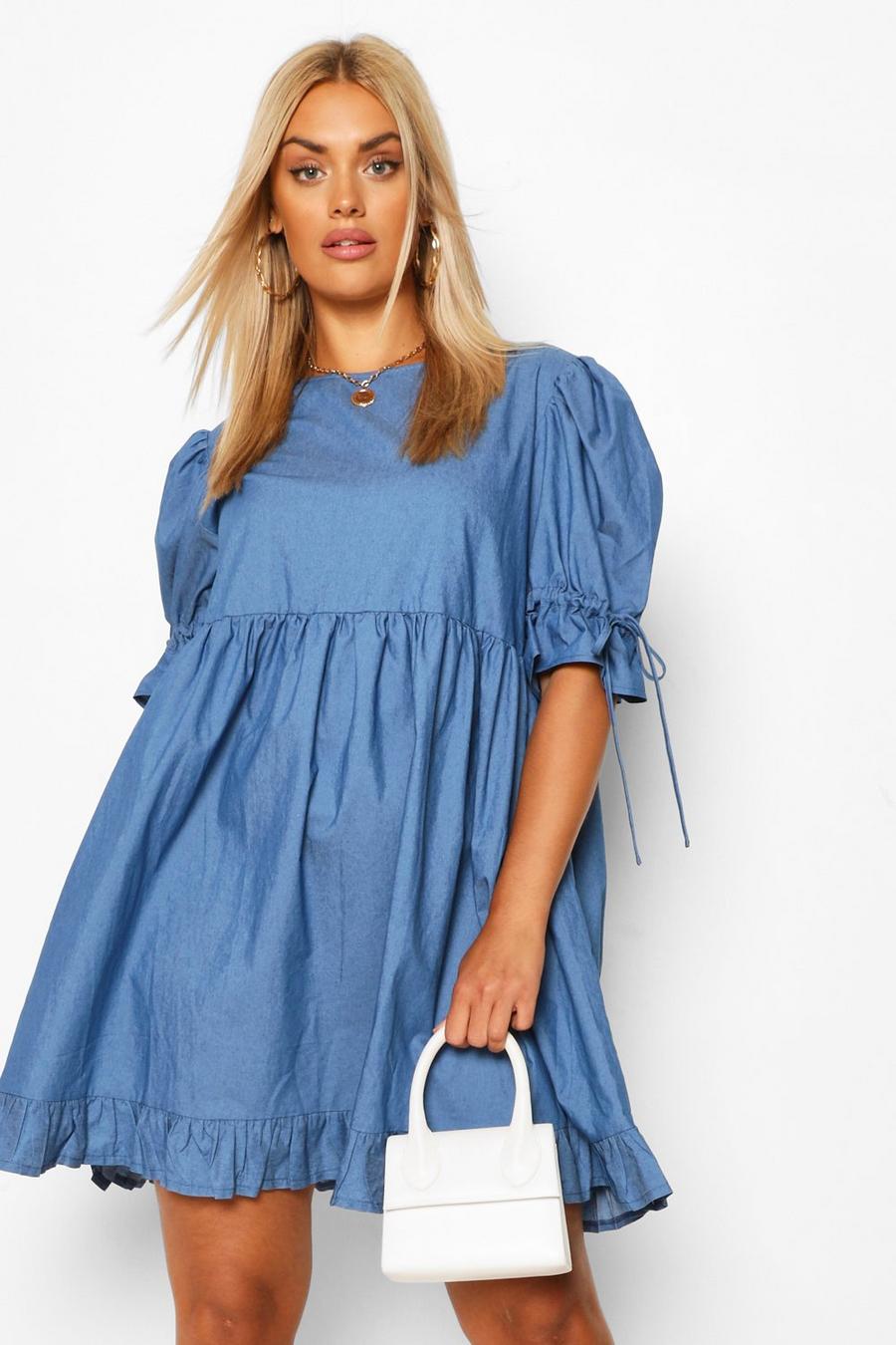 Blue Plus Chambray Puff Sleeve Smock Dress image number 1