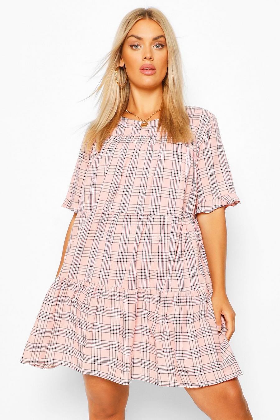 Pink Plus Check Tiered Smock Dress image number 1