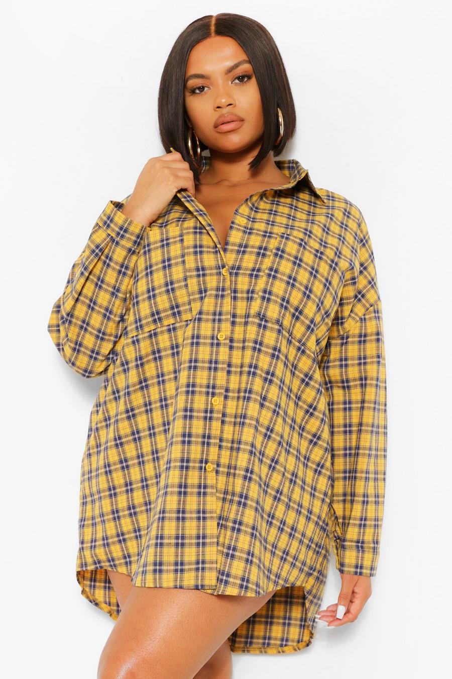 Mustard Plus Oversize rutig skjortklänning i boyfriendstil image number 1