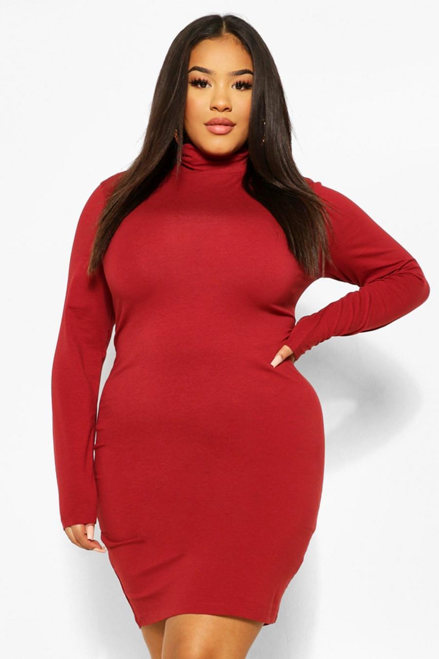 Rust Plus Long Sleeve Roll Neck Mini Bodycon Dress image number 1