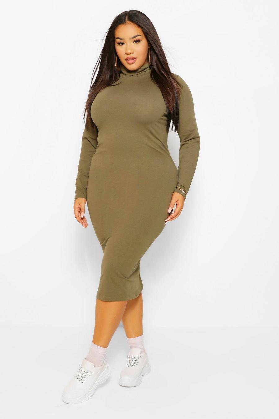 Khaki Plus Long Sleeve Turtleneck Midi Dress image number 1