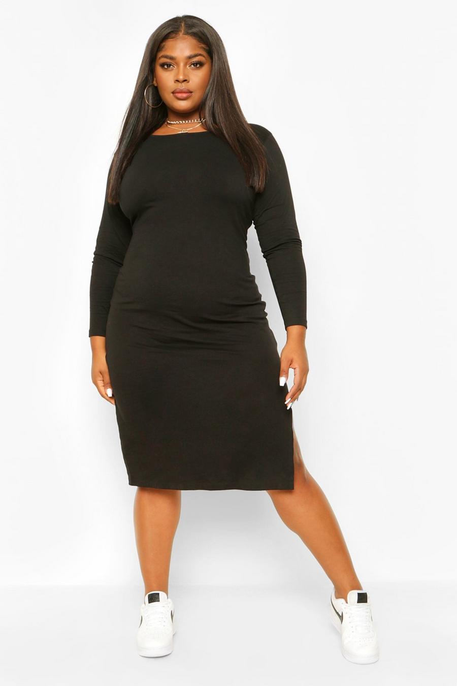 שחור שמלת טישרט מידי עם שרוול ארוך ושסע בצד מידות גדולות image number 1