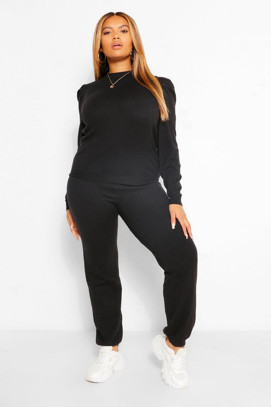 Black Plus Knitted Puff Sleeve Lounge Set image number 1