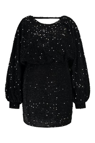 boohoo black Plus Oversized Blouson Sleeve Sequin Mini Dress