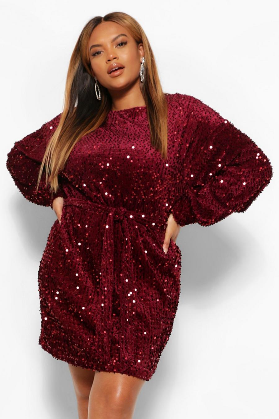 Berry Plus Oversized Blouson Sleeve Mini Dress In Sequin image number 1