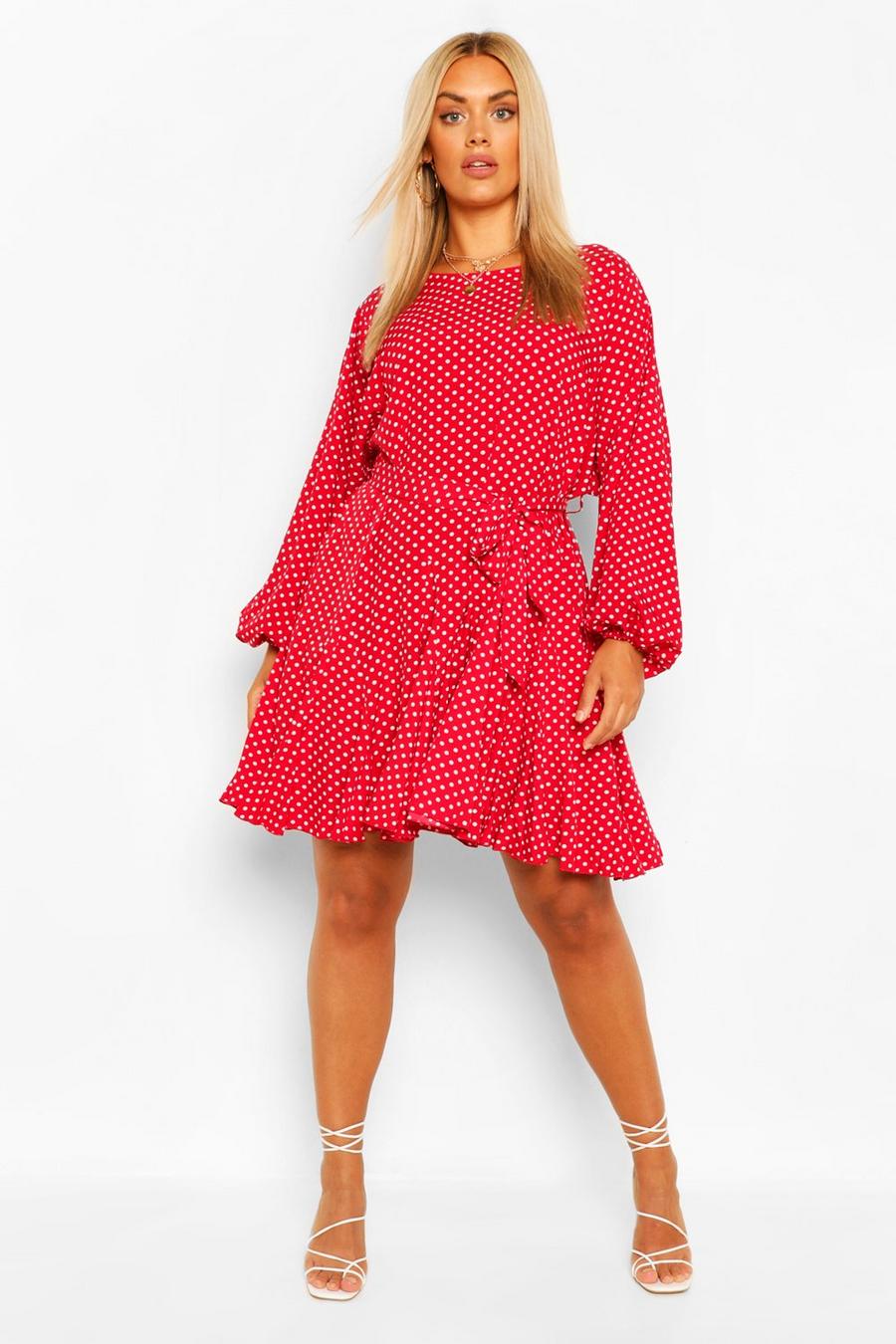 Berry Plus Polka Dot Blouson Sleeve Skater Dress image number 1