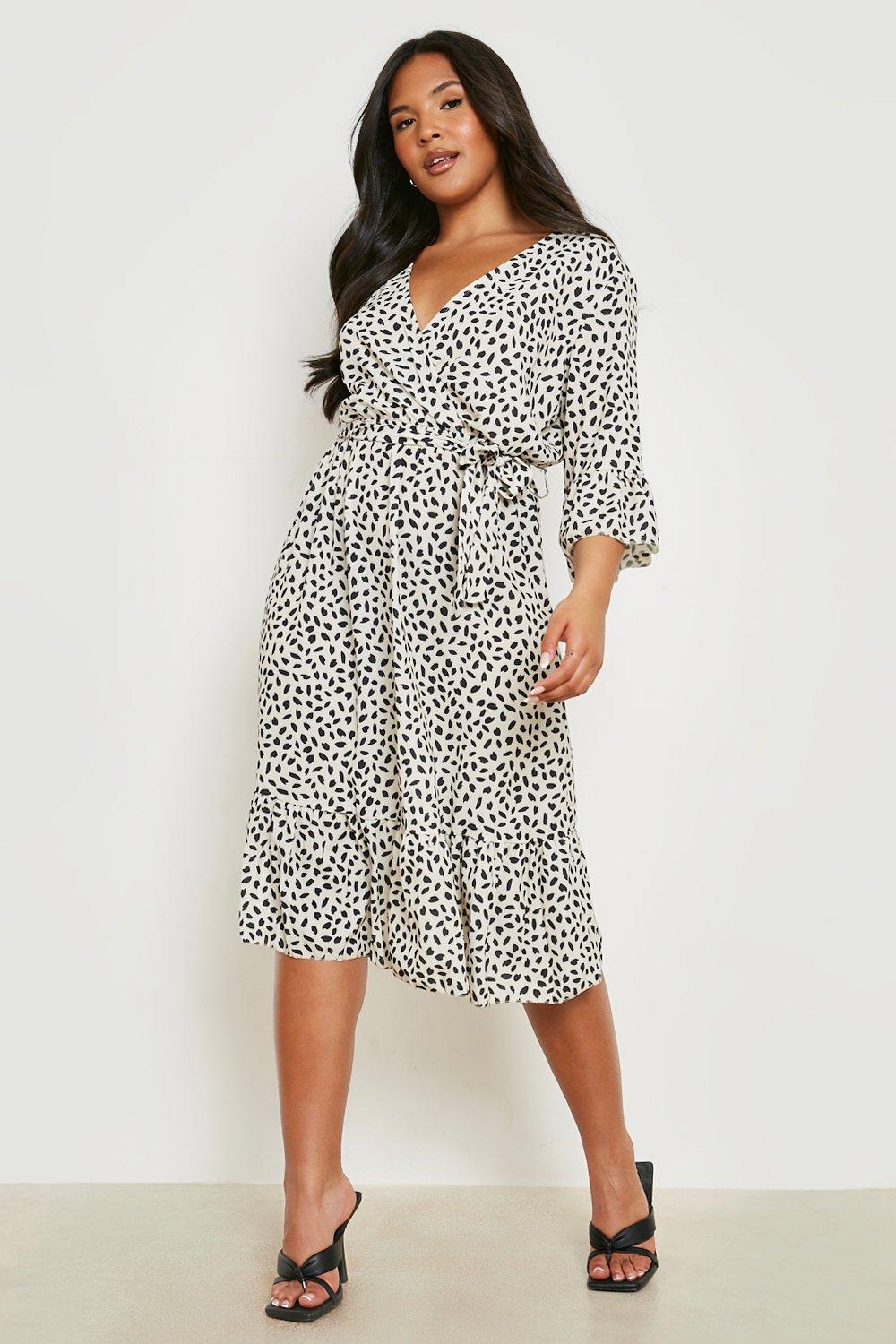 Women s Plus Ruffle Hem Spotty Wrap Dress Boohoo UK