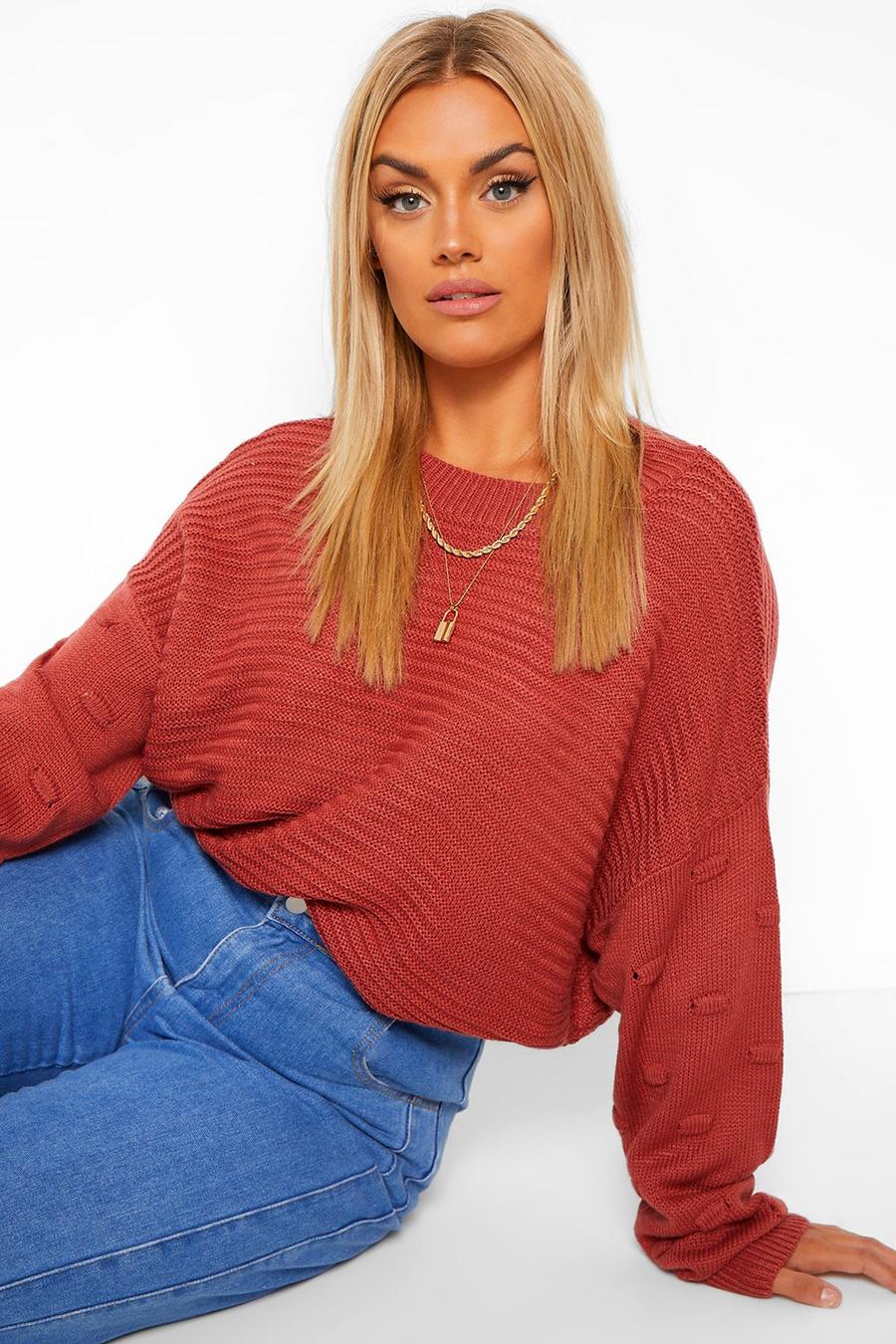 Berry Plus Oversized Bobble Sleeve Knitted Jumper image number 1