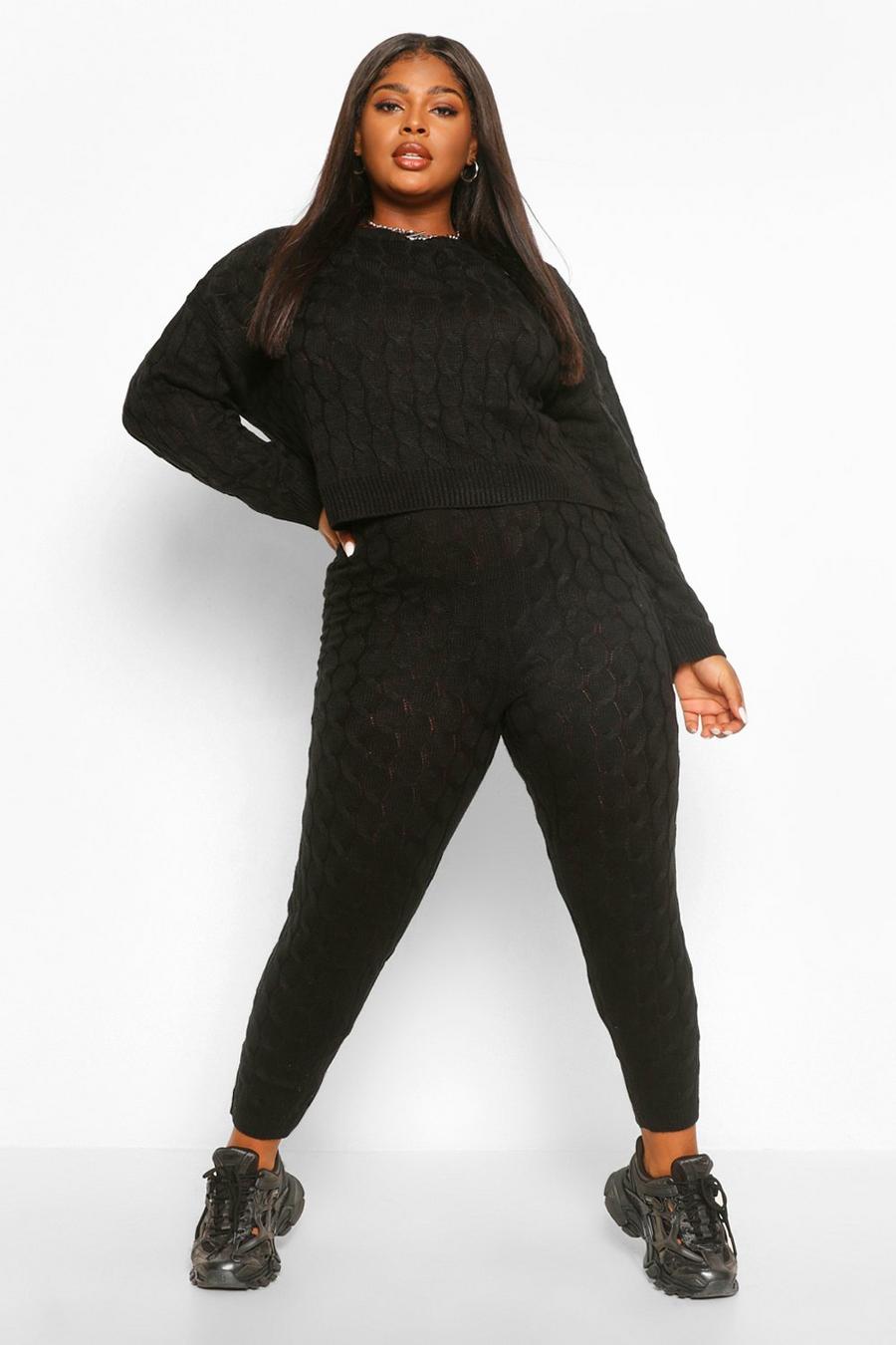 Black Plus Knitted Cable Slash Neck Loungewear Set image number 1