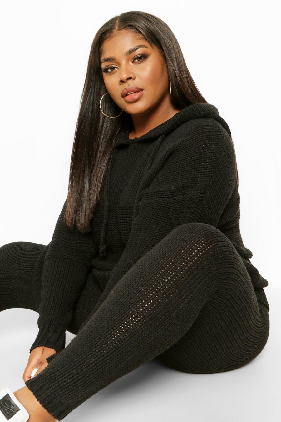 Black Plus Chunky Knitted Hoodie & Jogger Lounge Set image number 1