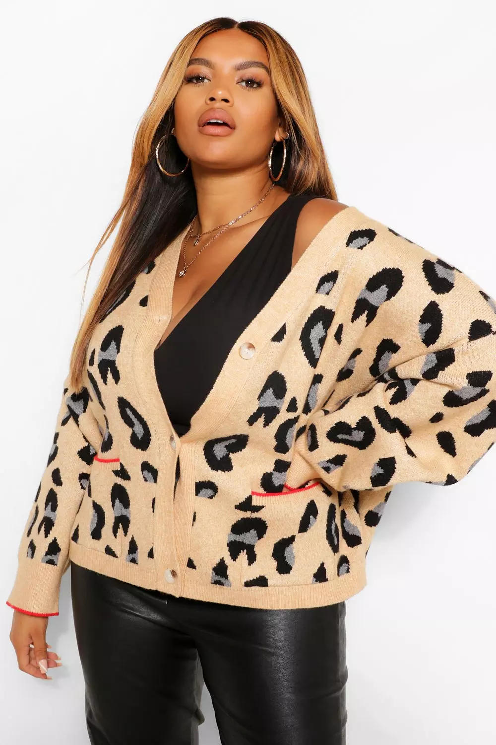 Camel Plus Button Leopard Cardigan alternative image